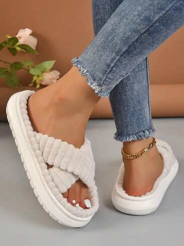 OYOANGLE Women's House Slippers Open Toe Cross Band Fuzzy House Shoes Indoor and Outdoor in Saudi Arabia