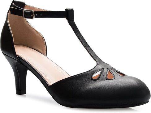 Olivia K Women's Kitten Low Heels T-Strap Pumps - Adorable Vintage Retro Shoes with T Strap - Unique Upper Cut Out Design in Kuwait