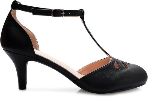 Olivia K Women's Kitten Low Heels T-Strap Pumps - Adorable Vintage Retro Shoes with T Strap - Unique Upper Cut Out Design in Kuwait