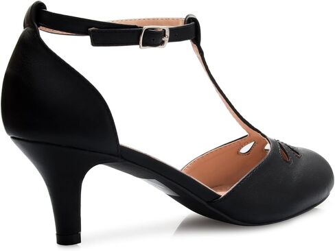 Olivia K Women's Kitten Low Heels T-Strap Pumps - Adorable Vintage Retro Shoes with T Strap - Unique Upper Cut Out Design in Kuwait