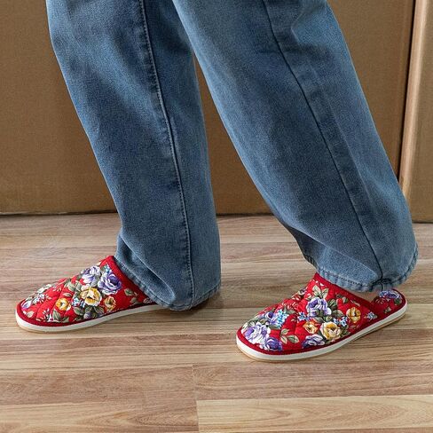 SHIDOW Handmade Lightweight Soft Cozy Shoe, Cotton Home Slippers Closed Toe, Size: Red with Ethnic Flowers Printing. in Saudi Arabia