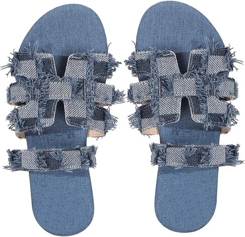 GORGLITTER Women's Cut Out Denim Flat Beach Sandals H Band Open Toe Slip on Slide Sandals in Saudi Arabia