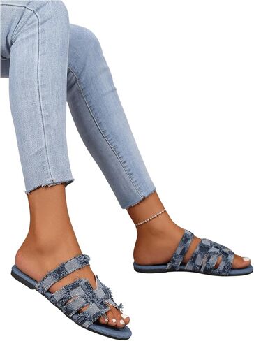 GORGLITTER Women's Cut Out Denim Flat Beach Sandals H Band Open Toe Slip on Slide Sandals in Saudi Arabia