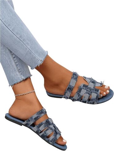 GORGLITTER Women's Cut Out Denim Flat Beach Sandals H Band Open Toe Slip on Slide Sandals in Saudi Arabia