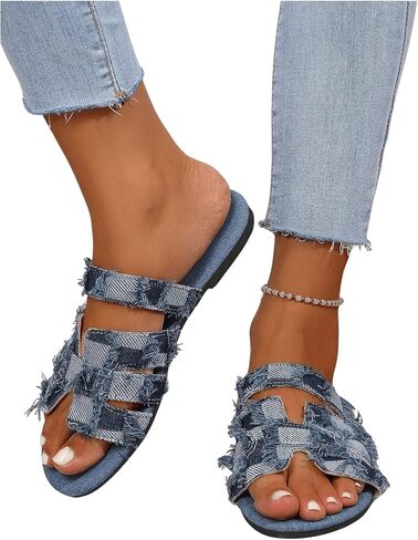 GORGLITTER Women's Cut Out Denim Flat Beach Sandals H Band Open Toe Slip on Slide Sandals in Saudi Arabia
