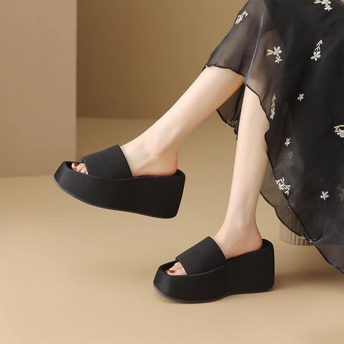 Women's Platform Slide Sandal Comfort Wedge Heel Slippers Open Square Toe Padded Strap Slides in Saudi Arabia