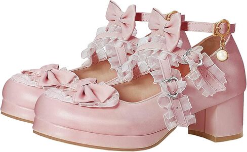 LUXMAX Women Cute Lolita Shoes Platform Mary Janes Kawaii Sweet Pumps | Strappy Ankle Strap Mary Janes, Lace Cross Tied Dress Pumps,Cute Pumps with Bow,Fashion Dress Shoes,Sweet Shoes in Saudi Arabia