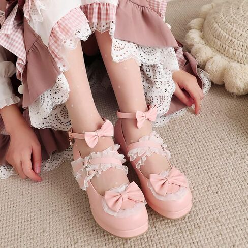 LUXMAX Women Cute Lolita Shoes Platform Mary Janes Kawaii Sweet Pumps | Strappy Ankle Strap Mary Janes, Lace Cross Tied Dress Pumps,Cute Pumps with Bow,Fashion Dress Shoes,Sweet Shoes in Saudi Arabia