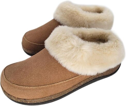 Clarks Womens Slipper Suede Leather Scuff Toe - Plush Faux Fur Collar/Lined With A Cork Midsole - Open Back Indoor Outdoor House Slippers For Women in Saudi Arabia