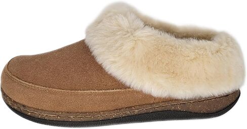 Clarks Womens Slipper Suede Leather Scuff Toe - Plush Faux Fur Collar/Lined With A Cork Midsole - Open Back Indoor Outdoor House Slippers For Women in Saudi Arabia