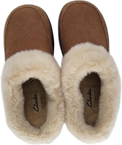 Clarks Womens Slipper Suede Leather Scuff Toe - Plush Faux Fur Collar/Lined With A Cork Midsole - Open Back Indoor Outdoor House Slippers For Women in Saudi Arabia