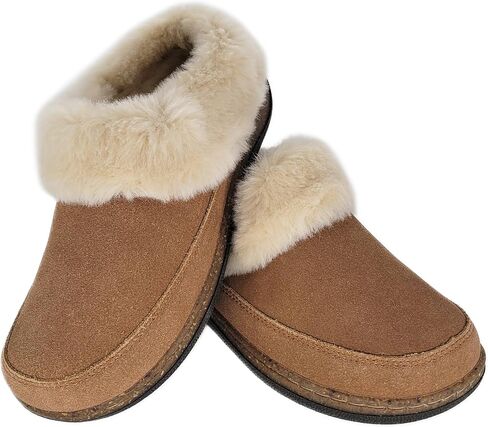 Clarks Womens Slipper Suede Leather Scuff Toe - Plush Faux Fur Collar/Lined With A Cork Midsole - Open Back Indoor Outdoor House Slippers For Women in Saudi Arabia
