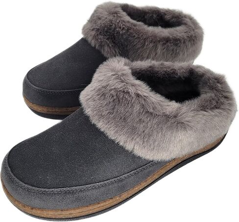 Clarks Womens Slipper Suede Leather Scuff Toe - Plush Faux Fur Collar/Lined With A Cork Midsole - Open Back Indoor Outdoor House Slippers For Women in Saudi Arabia