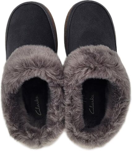 Clarks Womens Slipper Suede Leather Scuff Toe - Plush Faux Fur Collar/Lined With A Cork Midsole - Open Back Indoor Outdoor House Slippers For Women in Saudi Arabia