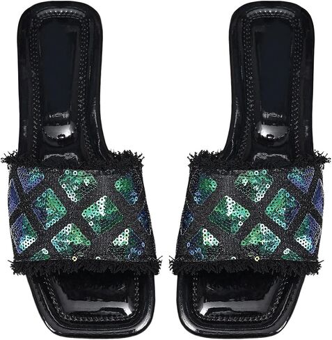 GORGLITTER Denim Jean Shoes Rhinestone Flat Sandals Dressy Sandals Slip On Slide Sandals in Saudi Arabia