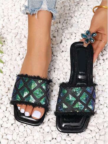 GORGLITTER Denim Jean Shoes Rhinestone Flat Sandals Dressy Sandals Slip On Slide Sandals in Saudi Arabia