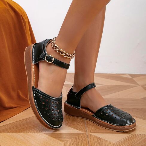 GATUXUS Women's Low Wedge Ankle Strap Buckle Flats Shoes Closed Toe Roman Cage Cusual Flat Sandals in Kuwait