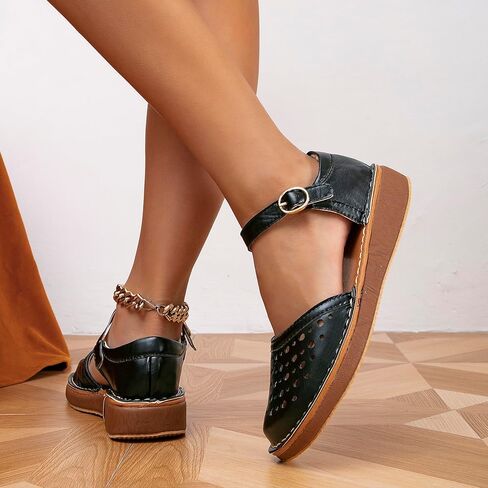 GATUXUS Women's Low Wedge Ankle Strap Buckle Flats Shoes Closed Toe Roman Cage Cusual Flat Sandals in Kuwait