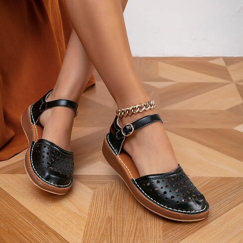 GATUXUS Women's Low Wedge Ankle Strap Buckle Flats Shoes Closed Toe Roman Cage Cusual Flat Sandals in Kuwait