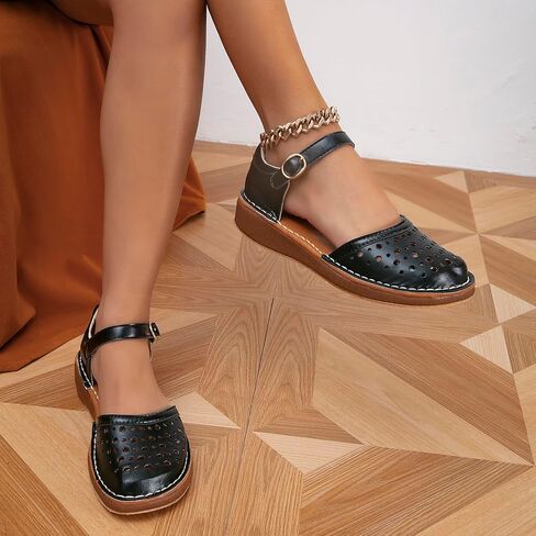 GATUXUS Women's Low Wedge Ankle Strap Buckle Flats Shoes Closed Toe Roman Cage Cusual Flat Sandals in Kuwait