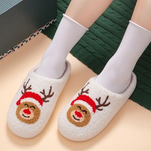 Christmas Slippers Memory Foam for Women Men, Cozy Plush Warm Non-Slip Holiday Slides with Santa Reindeer Designs Indoor Outdoor in Saudi Arabia