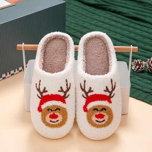 Christmas Slippers Memory Foam for Women Men, Cozy Plush Warm Non-Slip Holiday Slides with Santa Reindeer Designs Indoor Outdoor in Saudi Arabia