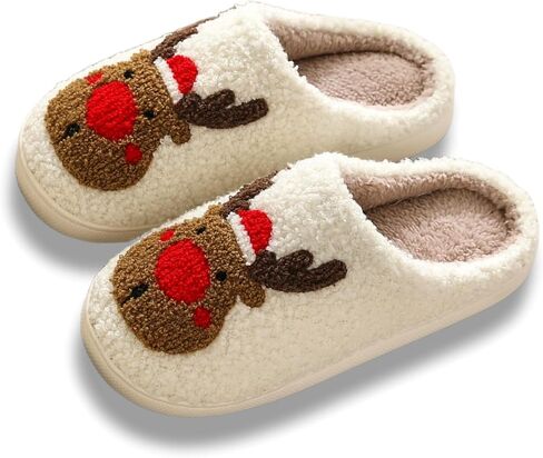 Christmas Slippers Memory Foam for Women Men, Cozy Plush Warm Non-Slip Holiday Slides with Santa Reindeer Designs Indoor Outdoor in Saudi Arabia
