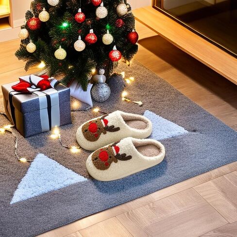 Christmas Slippers Memory Foam for Women Men, Cozy Plush Warm Non-Slip Holiday Slides with Santa Reindeer Designs Indoor Outdoor in Saudi Arabia