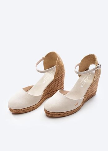صنادل نسائية من Viscata Satuna Espadrille Canvas Wedges Spain مصنوعة يدويًا بكعب 3 ½ بوصة مع قماش من القطن العضوي المسامي ونعل أوسط من الجوت الطبيعي بنسبة 100% لجميع المناسبات: كاجوال، عمل، حفلة in Kuwait