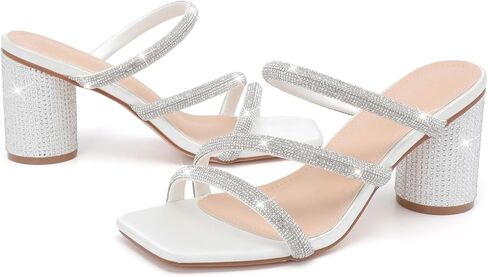 kkdom Women's Square Open Toe Glitter Chunky Heels Sandals Sparkle Bling Rhinestone Short Heels Mule Sandals Slip On Block Heels in Kuwait