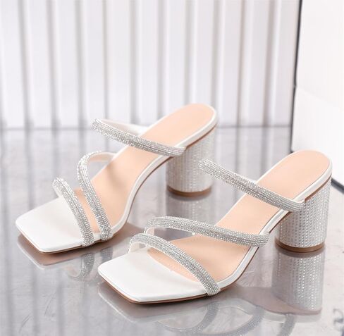 kkdom Women's Square Open Toe Glitter Chunky Heels Sandals Sparkle Bling Rhinestone Short Heels Mule Sandals Slip On Block Heels in Kuwait