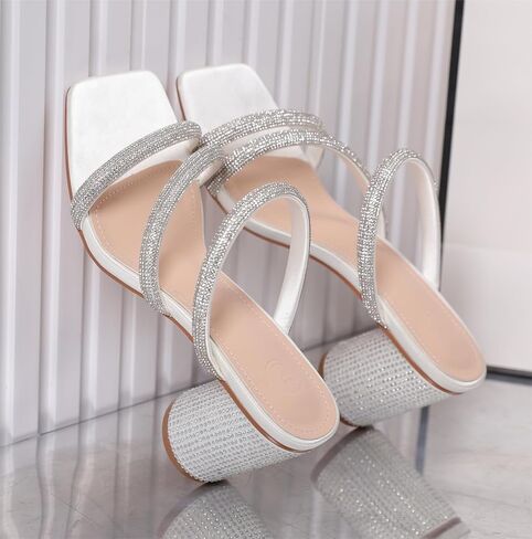 kkdom Women's Square Open Toe Glitter Chunky Heels Sandals Sparkle Bling Rhinestone Short Heels Mule Sandals Slip On Block Heels in Kuwait