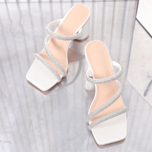 kkdom Women's Square Open Toe Glitter Chunky Heels Sandals Sparkle Bling Rhinestone Short Heels Mule Sandals Slip On Block Heels in Kuwait