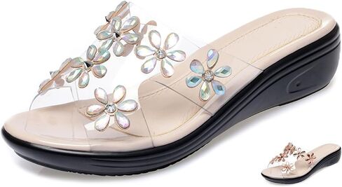 Women's Rhinestone Flower Clear Wedge Slide Sandals with Orthopedic Arch-Support,Open Toe Slip-on Platform Sandals Fish Mouth Beach Slide Shoes in Saudi Arabia