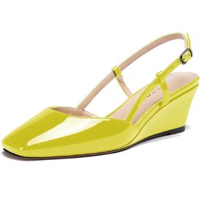 WAYDERNS Women's Patent Square Toe Slingback Solid Buckle Strap Wedge Low Heel Pumps Shoes 2 Inch