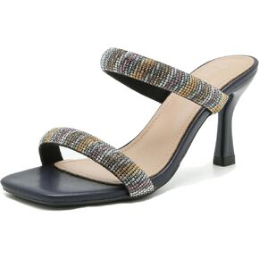 Women's Rhinestone Heeled Sandals Square Open Toe Strappy Two Strap Mule Sandals Slip On Holiday Party Wedding Dress Shoes