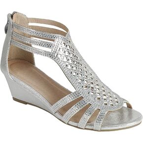 Women Strappy Open Toe Rhinestone Dressy Low Heel Wedge Sandal