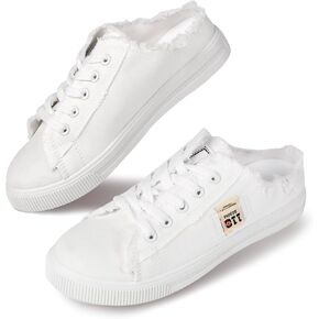 QZUnique Women's Canvas Sneakers, Slip-On Mule Backless Low Top Fashion Walking Shoes for Summer, White Lace up Casual Classic Comfortable Clipper Sneakers