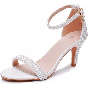3 Inches Women's Ankle Strap Stiletto Heels Sandals Open Toe White Pearls Bridal Wedding Shoes Evening High Heel Pump Shoes