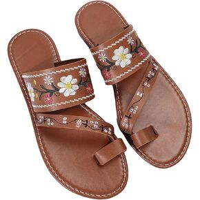 OYOANGLE Women's Boho Floral Embroidered Flat Sandals Toe Ring Leather Flip Flops Vacation Beach Thong Sandals