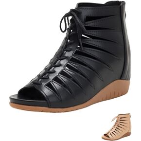 Women's Strappy Peep Toe Zipper Retro Roman Gladiator Wedge Sandals, Fashion Summer Hollow Bohemian Heighten Sandal Beach Heeled Sandals