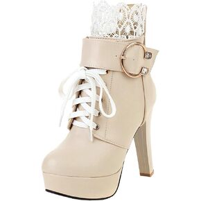 Parisuit Womens Chunky Platform Ankle Boots High Heel Lace Up Boots Sweet Lace Back Zipper Shoes
