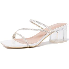 Women's Clear Rhinestone Heels Square Open Toe Low Block Chunky Heels Sandals Strappy Mules Backless Slippers Slip On Dress Shoes