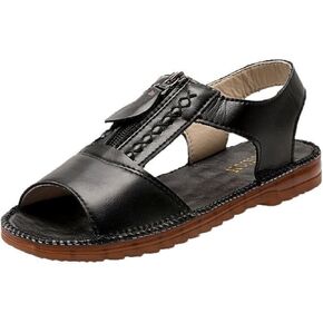 Women's Summer Soft Sole Cowhide Sandals,Zipper Closure Fish Mouth Walking Round Toe Outdoor Beach Flat Shoes Casual