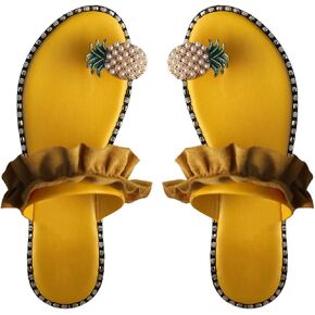 Verdusa Women's Ruffle Trim Ring Toe Slip on Flip Flop Beaded Flat Sandals