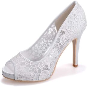 Women's Lace Stiletto High Heels Peep Toe Platform Sandals Slip On Wedding Pumps Bride Dress Shoes, 4 Inch