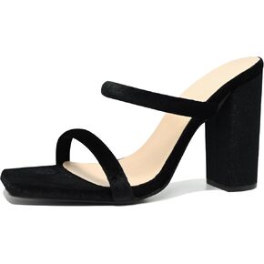 Women's Heeled Sandals Velvet Two Strap Chunky High Heels Square Open Toe Slip on Comfortable Heeled Sandals for Women Dressy