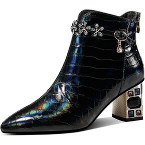 TinaCus Genuine Leather Women's Handmade Crystal Chunky Heel Pointed Toe Back zip Up Floral Belt Ankle Booties