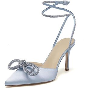 High Heel Wedding Shoes for Bride Pointed Toe Ankle Strap Bridal Shoes Glitter Bow Wedding Heels