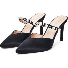 Elisabet Tang Pointed Toe Heels Sandals, 3.54 Inch Pearl Strap Satin Mules Stiletto Heels Glitter Crystal Closed Toe High Heels Backless Slip On Party Dress Daily Wear Pumps